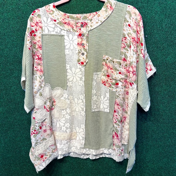 POL Eyelet Flower Pearl Detail Lace Patchwork Shirt